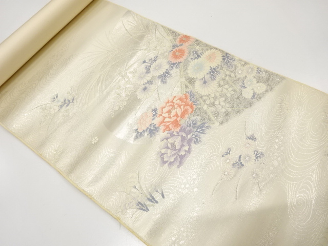 アンティーク　田原良織物製　錦プラチナ箔　光悦垣に牡丹・菊・秋草模様織り出し　名古屋帯地反物